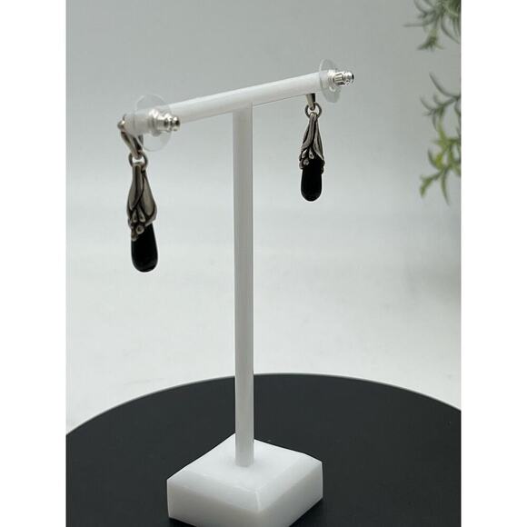 White Gold Posts black dangle earrings Silver tone caps - Picture 7 of 14